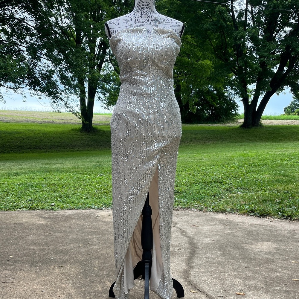 B Darlin champagne Strapless Gown